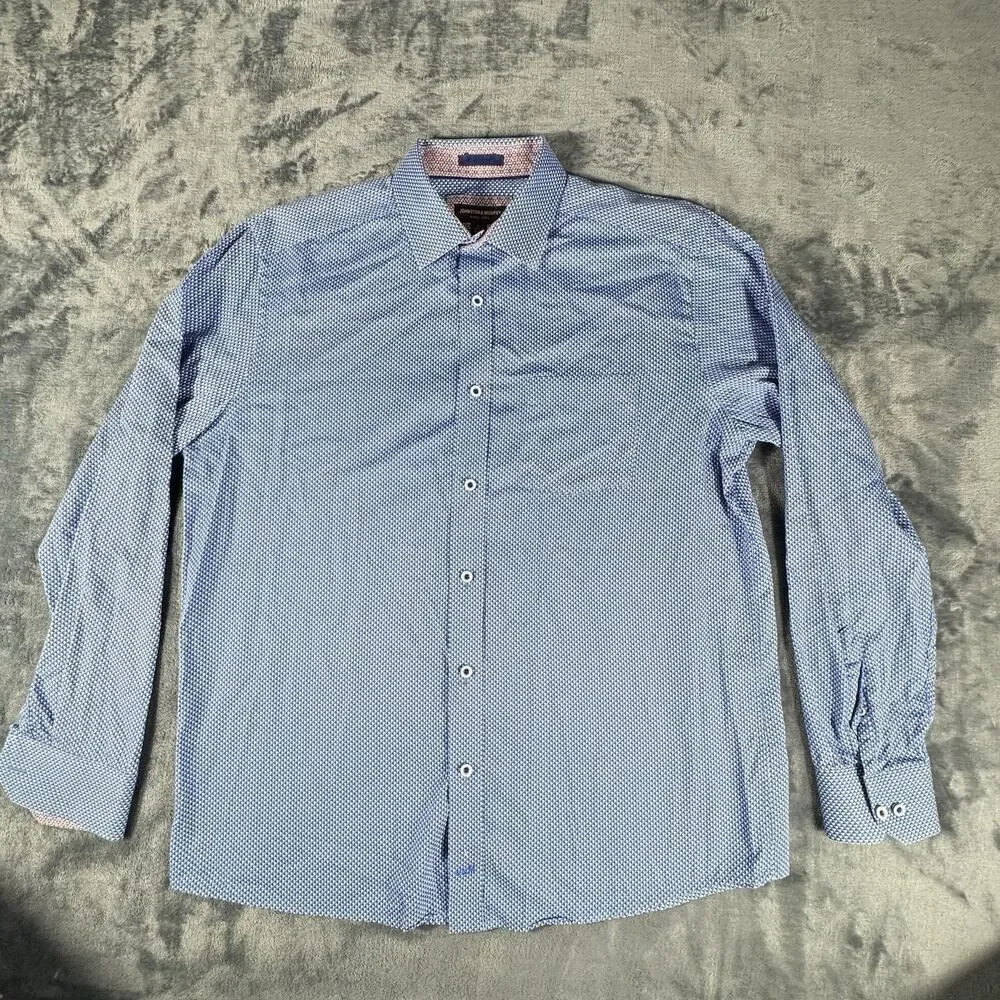 Johnston & Murphy Sz L Printed Long Sleeve Shirt Contrast Pink Blue Shadow Dot
